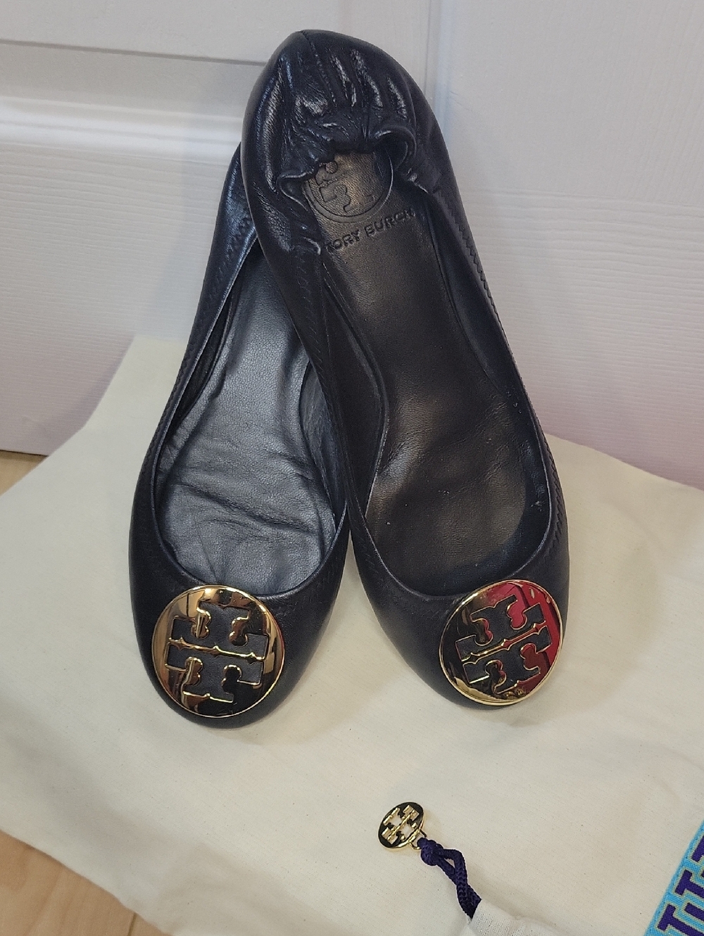 Tory Burch Black Leather Logo Ballet Flats with Gold Emblem